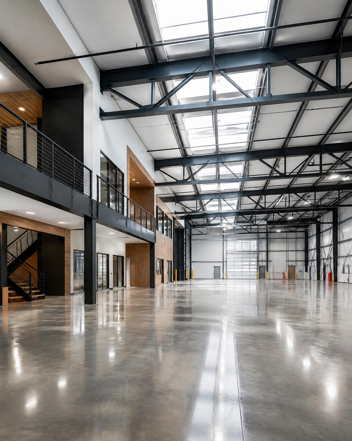Interior de unidade industrial concluída com estrutura metálica aparente